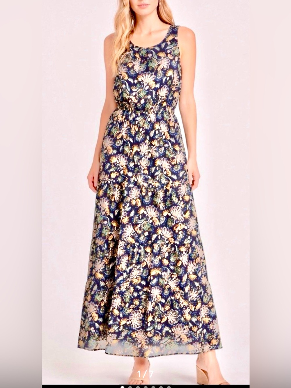 Lara Guidotti Maxi Dress L Silk Blend Navy Floral Tiered Made in Italy Boho